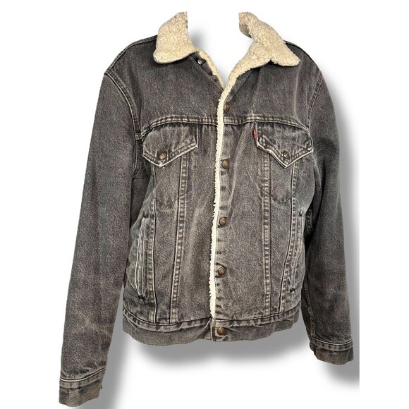 Vintage Levi’s Charcoal Denim Jacket Sherpa Lined Unisex - Picture 1 of 13
